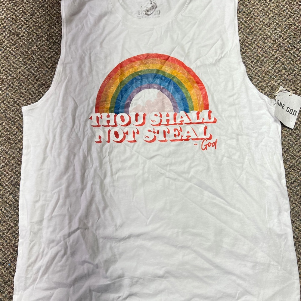 One God Brand sleeveless white tank top rainbow graphic, men’s xL, NWT